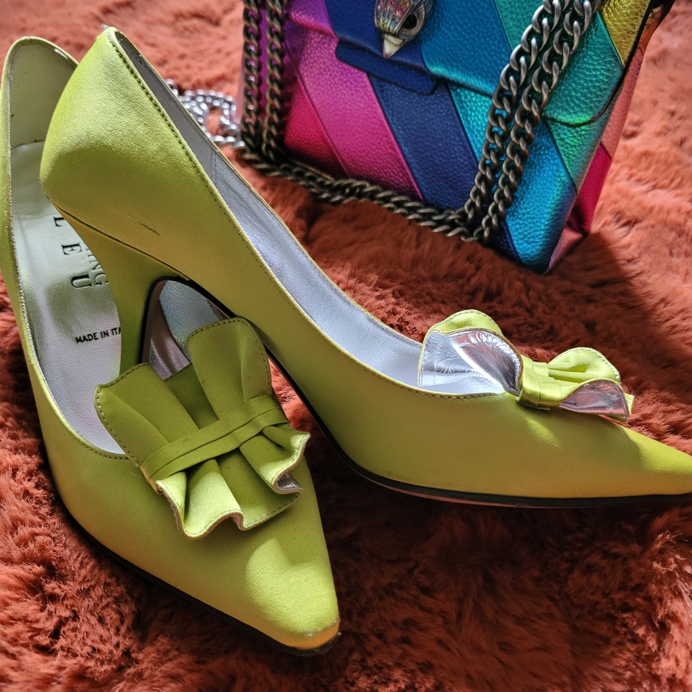 Something Bleu Bridal Lime Satin Heels with Bow